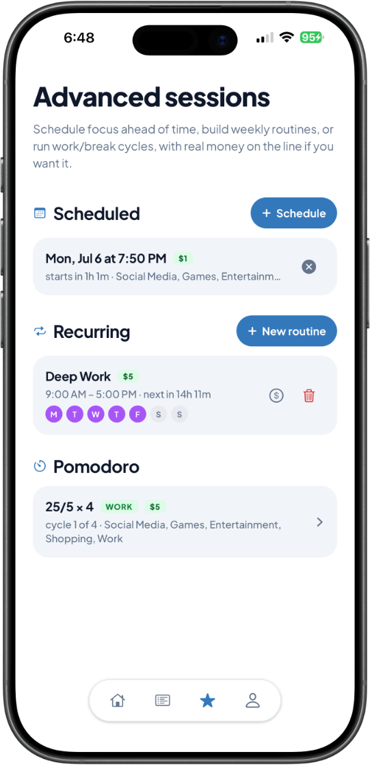 GladeFocus iOS advanced sessions screen with scheduled, recurring, and Pomodoro sessions