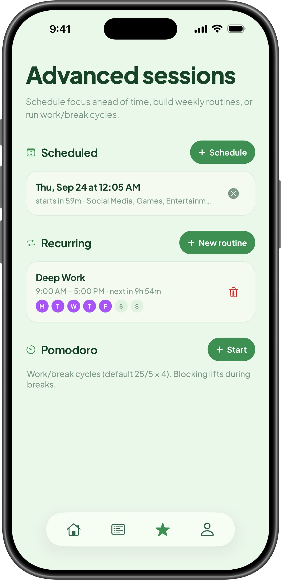 GladeFocus iPhone advanced sessions screen with an upcoming scheduled session, a Deep Work routine repeating Monday to Friday, and Pomodoro work and break cycles