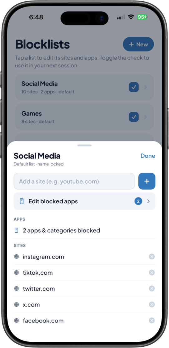 GladeFocus iOS blocklists screen for choosing which sites and apps to block
