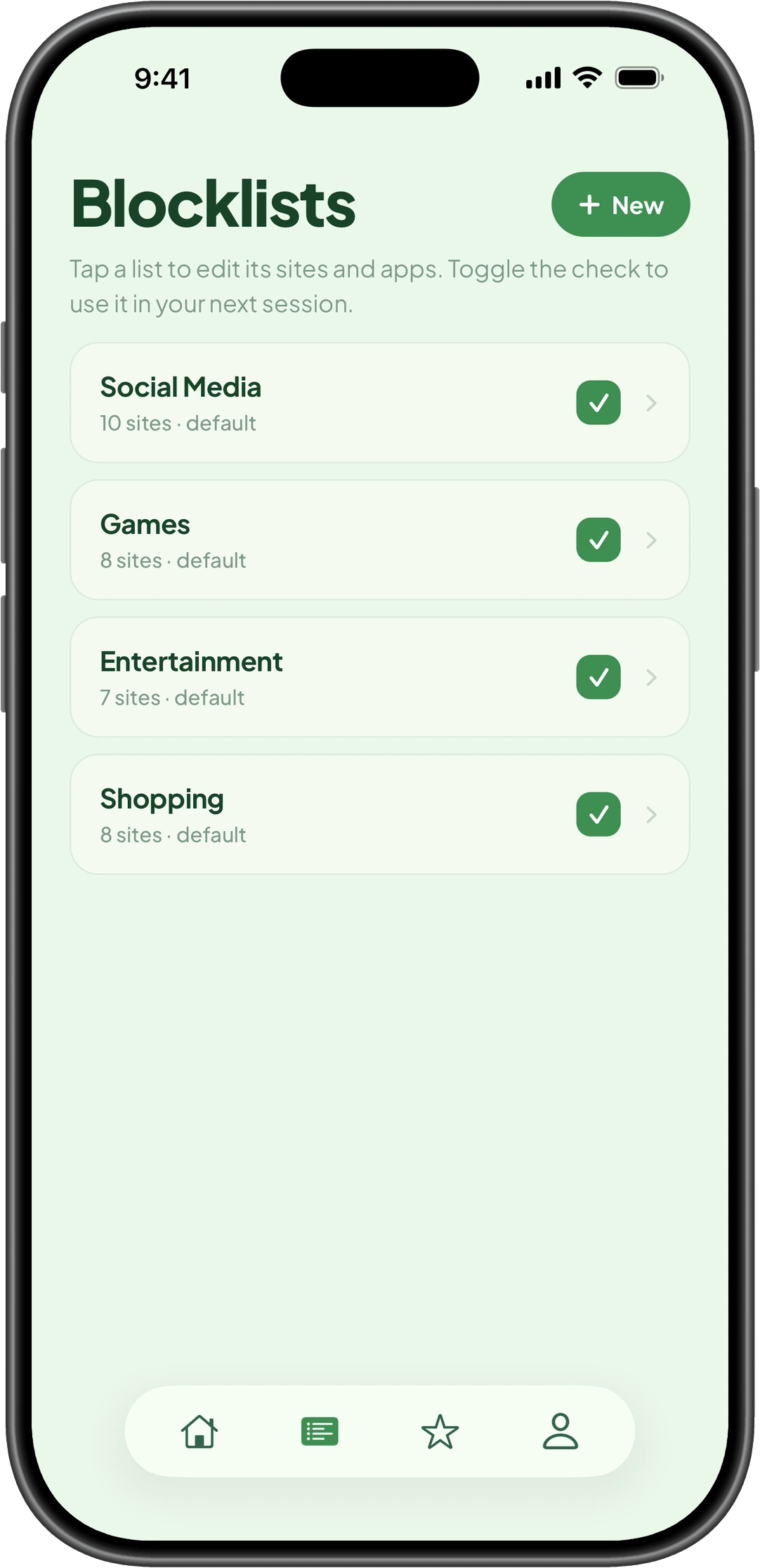 GladeFocus iPhone blocklists screen with Social Media, Games, Entertainment and Shopping lists, each showing how many sites it holds and a checkbox to use it in the next session