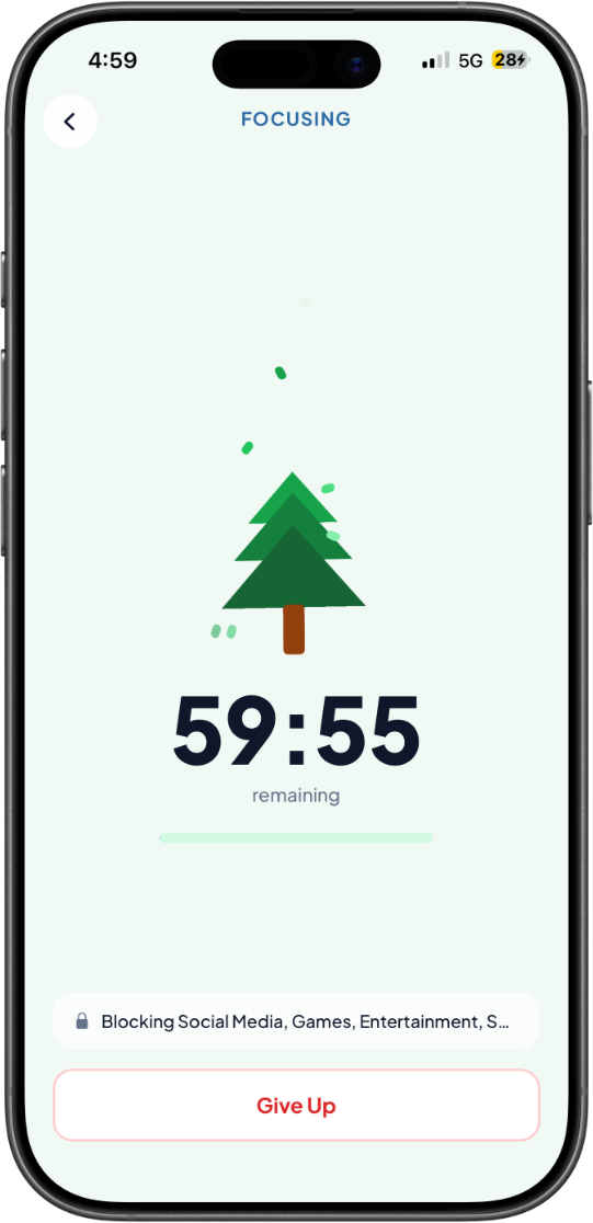 GladeFocus iOS focus timer counting down while a tree grows on screen