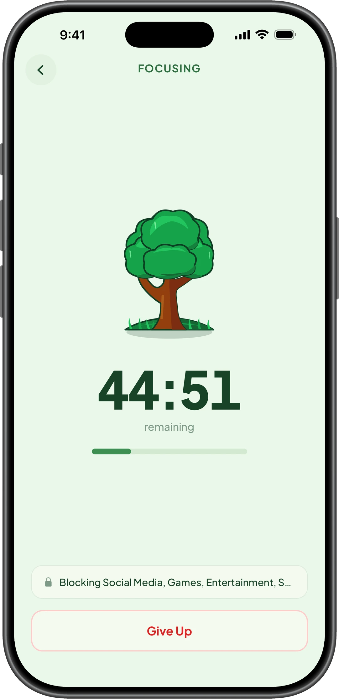 GladeFocus iPhone session in progress: a growing tree above a 44:51 countdown and progress bar, with a locked banner reading “Blocking Social Media, Games, Entertainment”