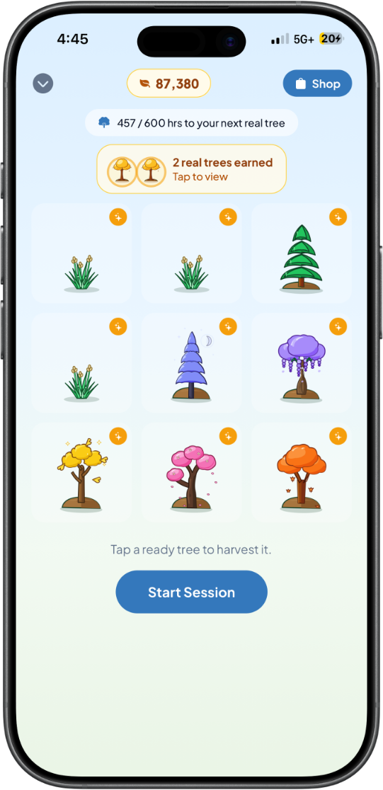 GladeFocus iOS garden filled with trees earned from completed focus sessions