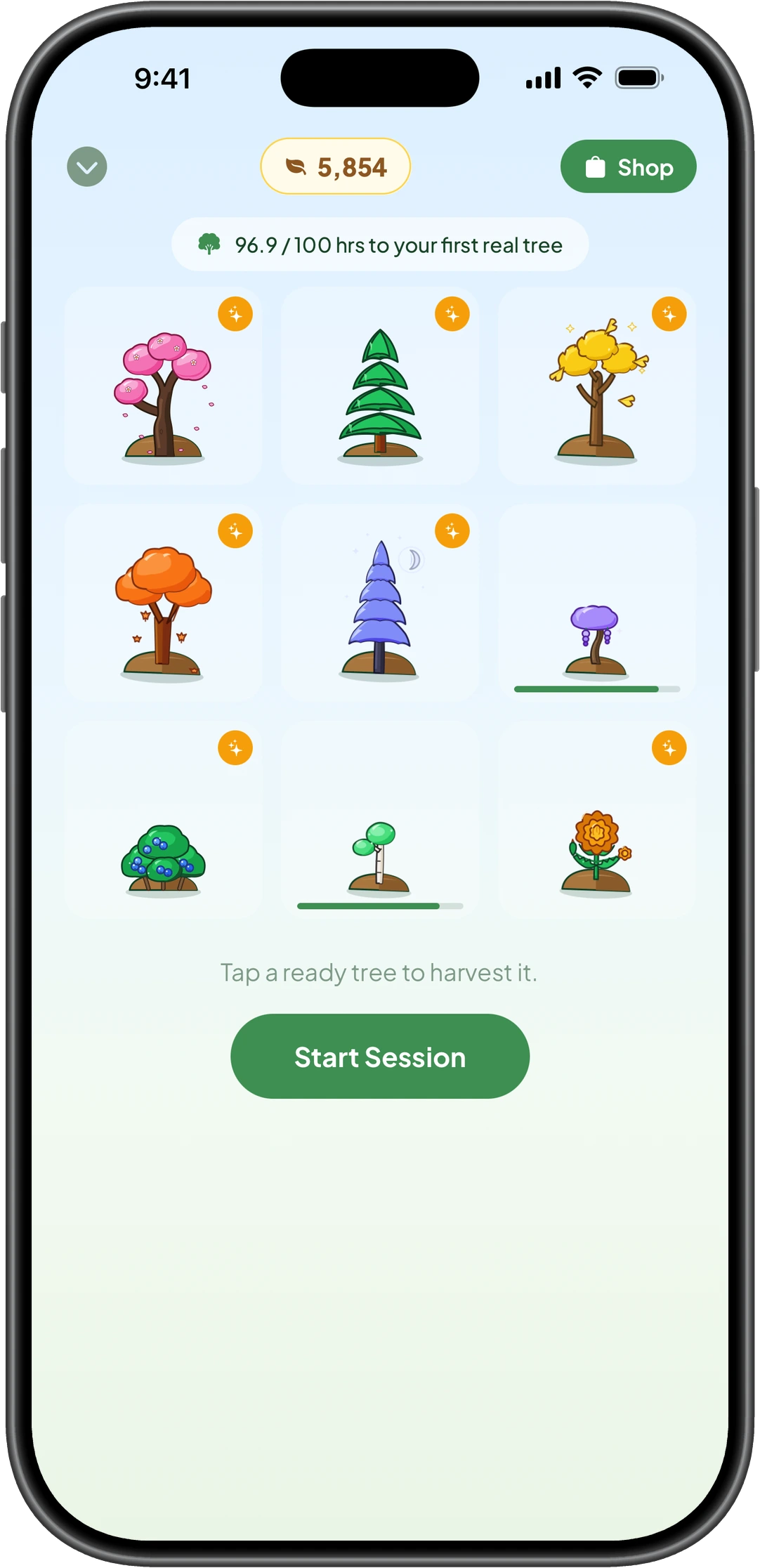 GladeFocus iPhone garden: an Acorn balance and a progress bar reading 96.9 of 100 hours above a grid of nine trees, some fully grown and some still filling a growth bar, with a Start Session button below