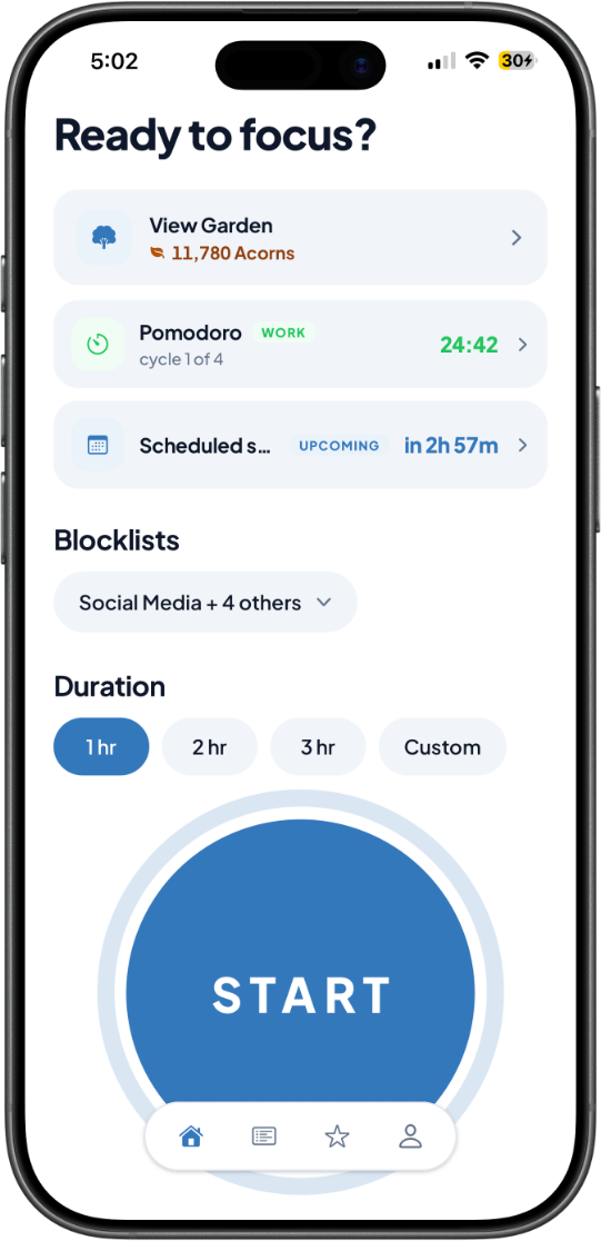 GladeFocus iOS home screen with a large Start button, blocklists, and session duration options