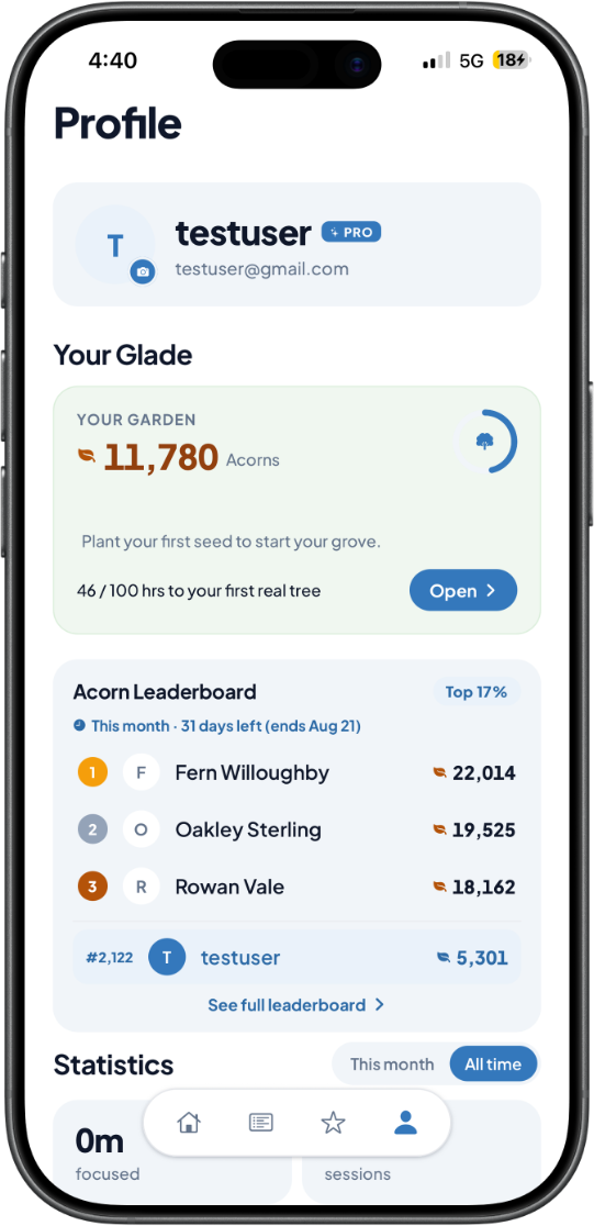 GladeFocus iOS profile screen with your garden progress and the Acorn leaderboard