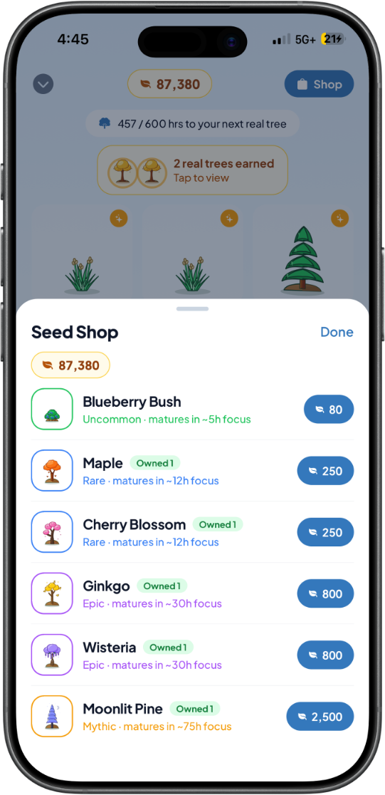 GladeFocus iOS seed shop showing tree seeds you can buy with Acorns